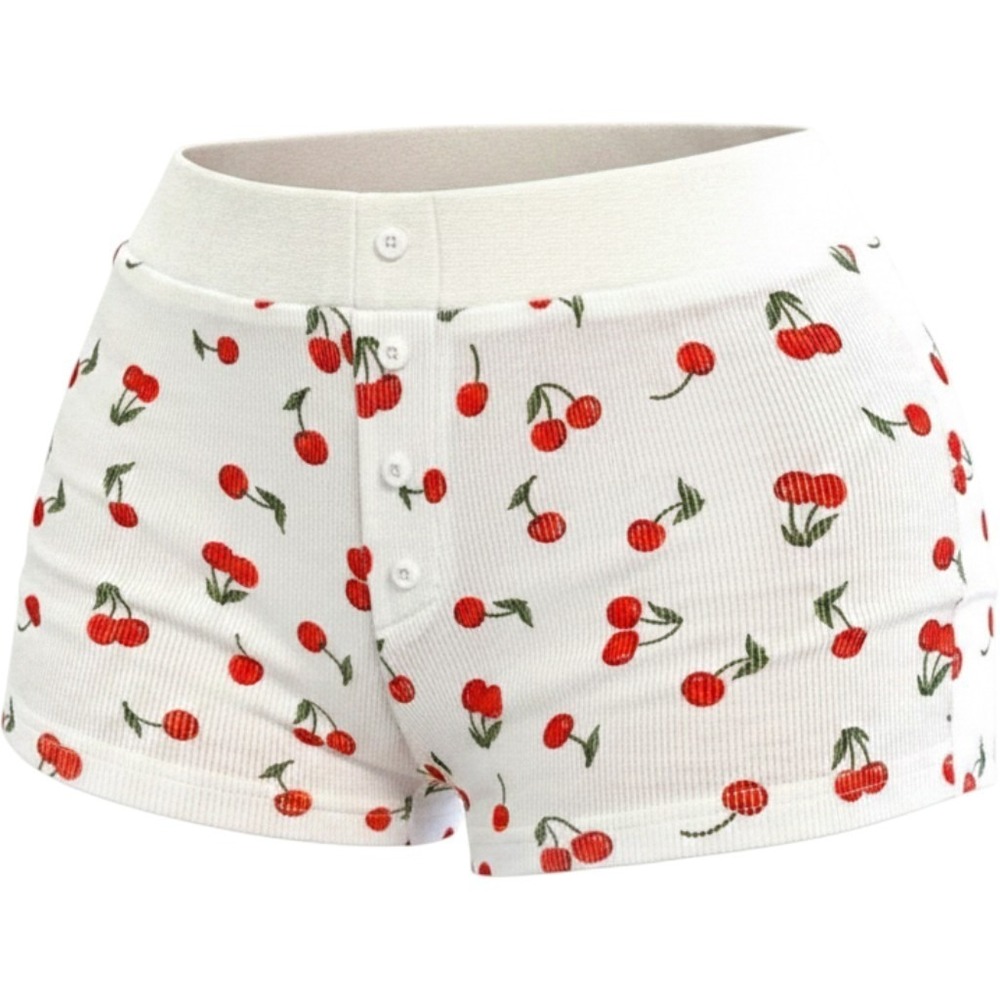 New XS White Cherry Print Low Rise Button Front Shorts Y2K Coquette